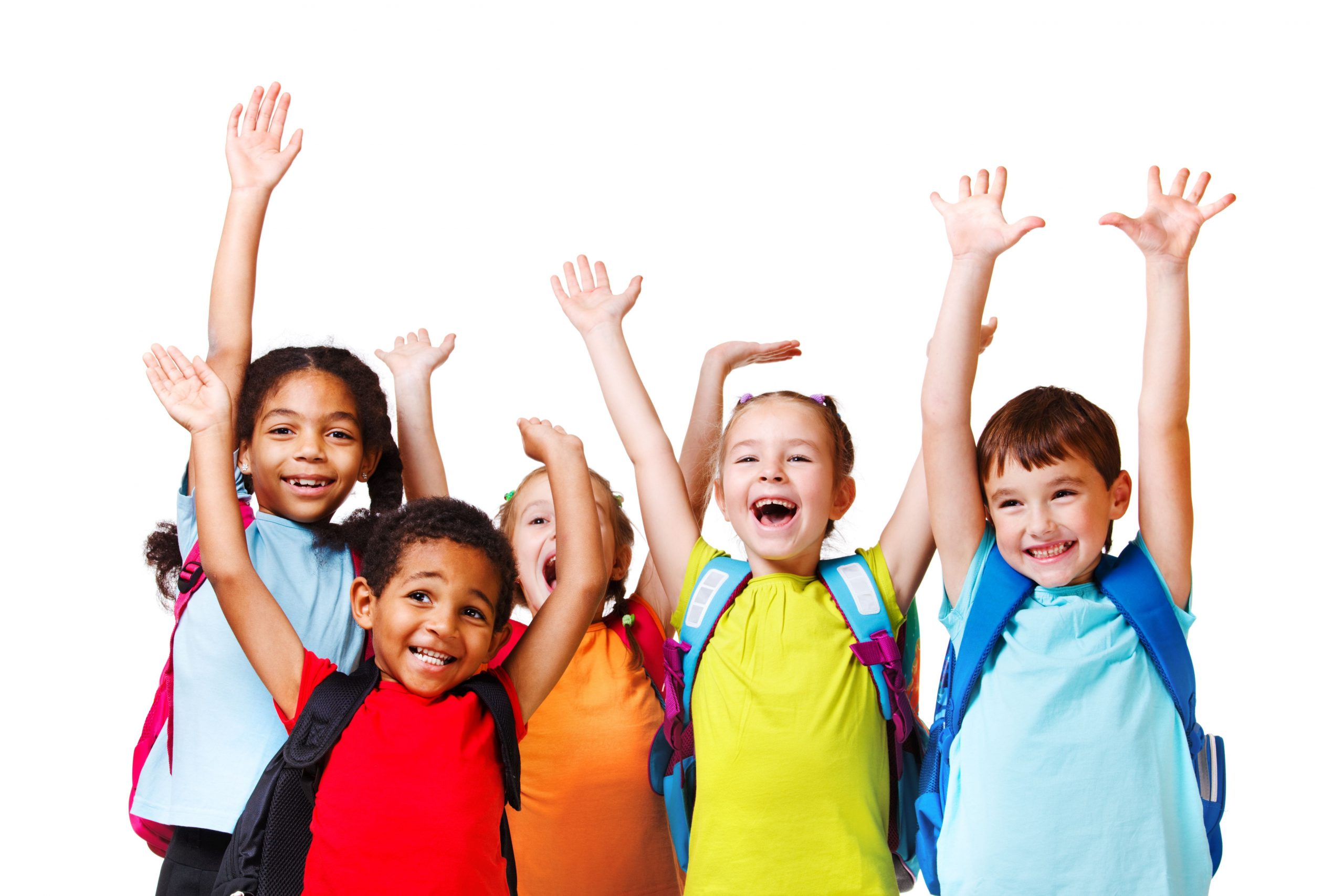 School children with backpacks smiling and throwing hands in the air