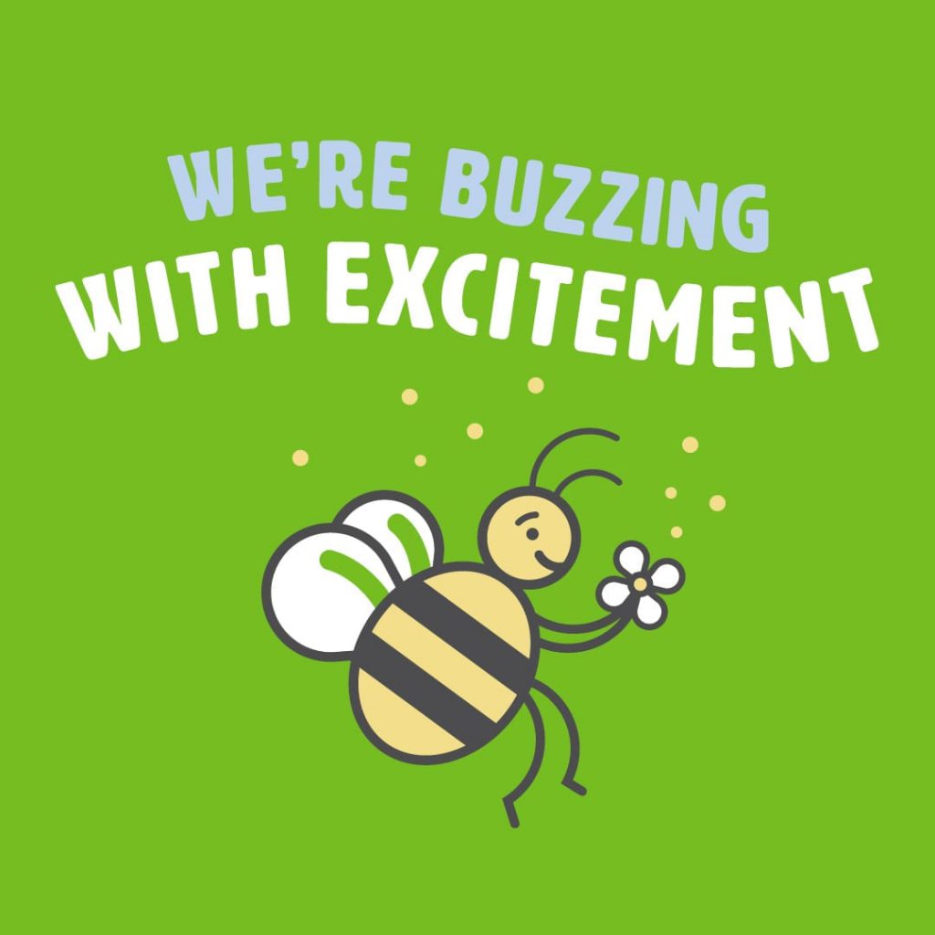 We're Buzzing with Excitement graphic|Person holding dirt with a plant in it.