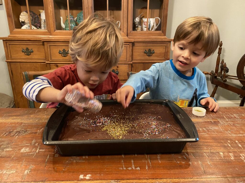 two little boys adding sprinkles to vegan chocolate cake
